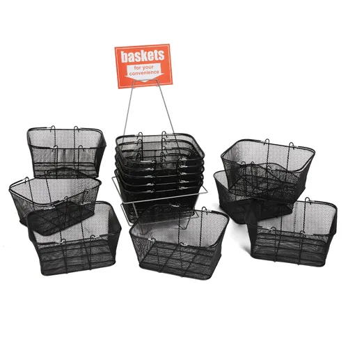 Vista 3 de SSWBasics Cestas de compras de metal negro con soporte y letrero – Juego de 12 – Dimensiones de la cesta 17 pulgadas de ancho x 12 pulgadas