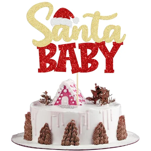 Vista 31 de Gyufise 24 piezas Adornos de pastel para revelación de género de Navidad con purpurina, sombrero navideño de Navidad, adorno de pastel de él o ella
