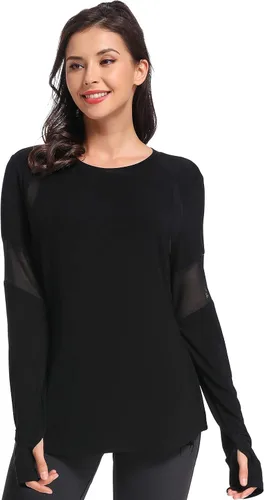 Vista 5 de Muzniuer Camisetas de entrenamiento de manga larga para mujer, camiseta lisa de manga larga para mujer, camiseta deportiva de yoga con agujero