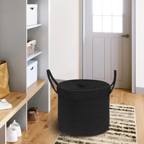 Vista 7 de Cesta grande de 15 x 13 pulgadas con tapa, cesta de almacenamiento de cuerda de algodón para manta, juguete, almohada, toalla, lavandería, sala