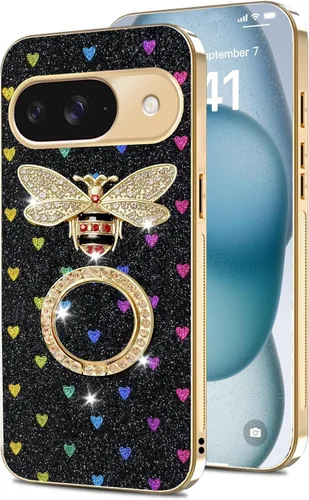 Vista 38 de nancheng Funda para Google Pixel 6 de lujo, diseño de abeja, corazón y abeja, chapado en oro, con anillo de diamante de 360°, correa de cordón
