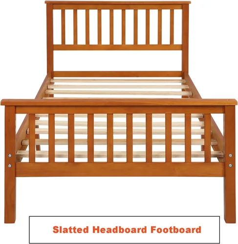 Vista 3 de Base de cama individual de madera de pino, cama de plataforma con cabecero, listones de madera maciza, rieles laterales de estribo, 6 patas