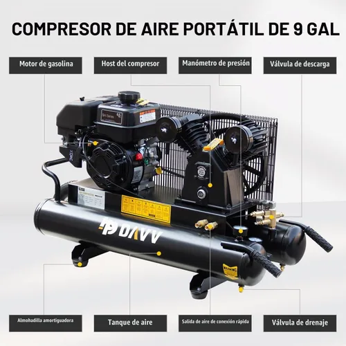 Vista 2 de Compresor de aire a gas de doble tanque de 9 galones, tanque de compresor de aire impulsado por gas de 6.5 HP 12CFM en ruedas, bomba de pistón