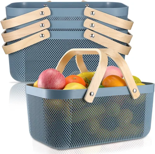 Vista 10 de Sadnyy 4 cestas de almacenamiento de malla de plástico para cosecha de jardín con mango de madera, contenedor de malla multifuncional para gabinete