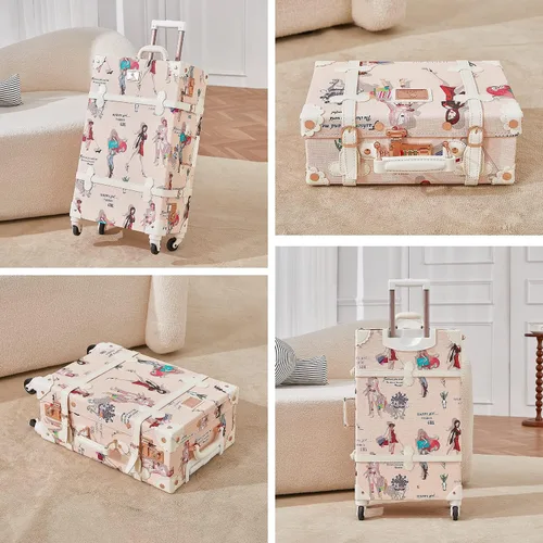 Vista 2 de Unitravel Juego de equipaje vintage, juego de maleta de mano para mujer con cerradura TSA, baúl giratorio de piel sintética con funda de tren de 12