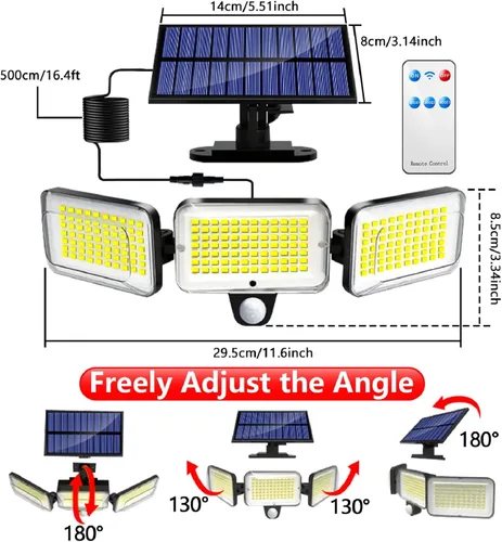 Vista 5 de 224 luces solares LED para exteriores con 3 cabezales, 3 modos de luces solares con sensor de movimiento con cable de 16.4 pies y control remoto