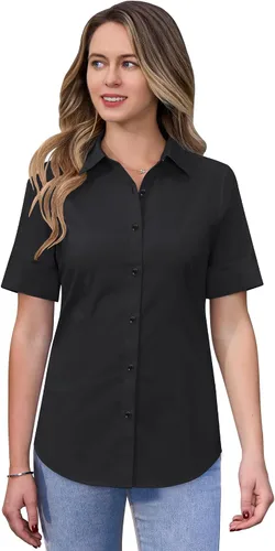 Vista 6 de siliteelon Camisas de vestir de manga corta con botones para mujer, camisas de algodón con botones para mujer, blusa ajustada de manga 3/4