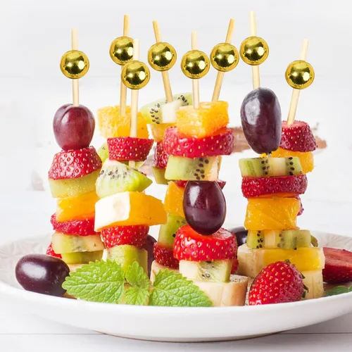 Vista 4 de 100 palillos de dientes elegantes para aperitivos, palillos de cóctel de perlas doradas de 4.7 pulgadas para bebidas, brochetas de bambú