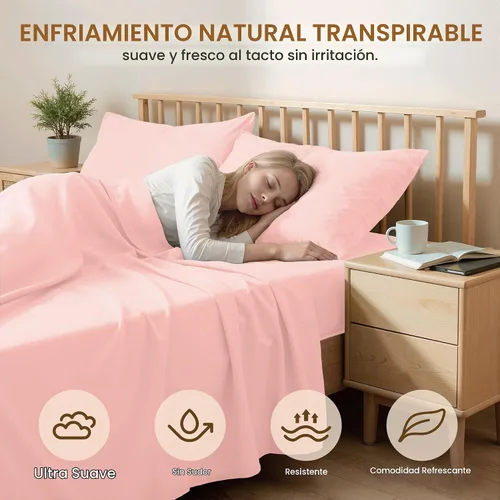 Vista 3 de Juego de sábanas de 3 piezas, imitación algodón Ultra, transpirables, refrescantes, prémium, de lujo para hotel, esquinas profundas hasta 15 Rosa