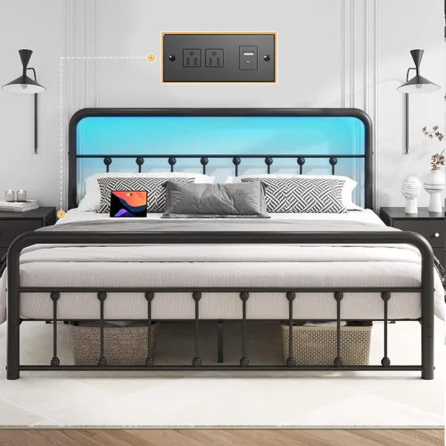 Vista 8 de Fluest Marco de Cama Full de 14 Pulgadas Marco de Cama de Plataforma de Metal Clásico con Estación de Carga y LED, Cabecero/Pie de Cama