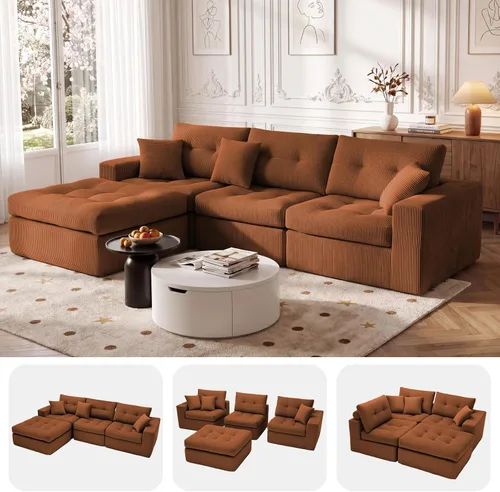 Vista 9 de Sofá modular en forma de L de 114 pulgadas con diván, sofá de pana sin hueso con otomana móvil, sofás de asiento profundo para sala de estar, sin