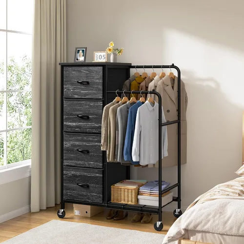Vista 5 de Romorgniz Cómoda 3 en 1 con estante para colgar, 4 cajones de tela con doble perchero y ruedas, organizador alto de armario para dormitorio, Negro