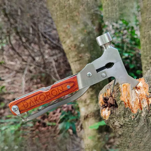 Vista 4 de Martillo multiherramienta, accesorios de equipo de campamento, kits de supervivencia, herramienta multifunción 14 en 1, mango de madera plegable