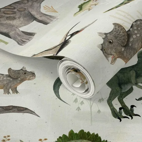 Vista 2 de Spoonflower Papel tapiz para despegar y pegar - Dinosaurios grandes Verde Niños Gris Animales Niños Ilustración Dino Papel pintado extraíble