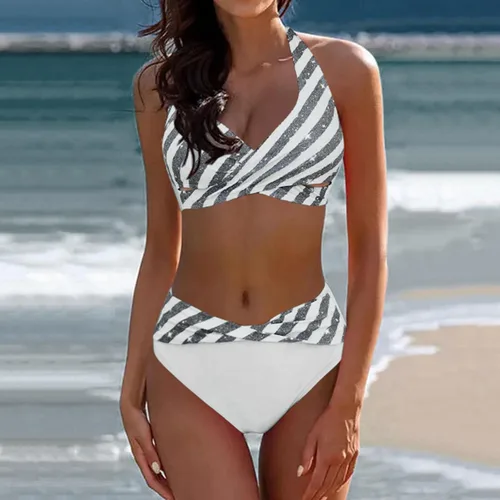 Vista 2 de SNKSDGM Womens Twist Front Tank Top Bikini Two Pieces Beach Tropical Leaf Print Swimsuits Bathing Suits