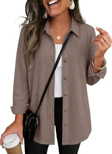 Vista 16 de Zeagoo Camisa de punto gofre para mujer, con botones, manga larga, con 01-albaricoque