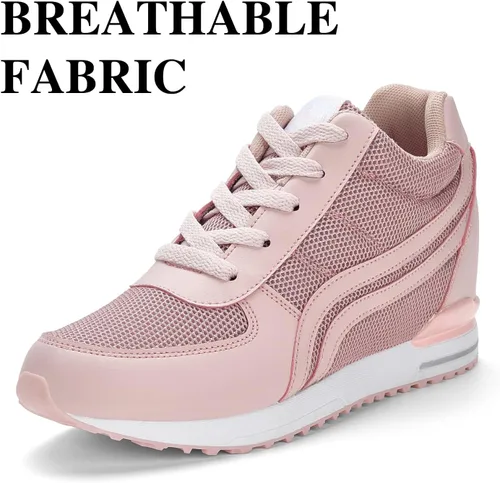 Vista 5 de Sosenfer Zapatos deportivos de cuña con tacón oculto para mujer, antideslizantes, con cordones, cómodos y modernos, zapatos deportivos de cuña