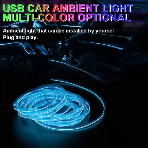 Vista 3 de Tira de luces LED de cable EL, tira de luz de neón automática USB de 10 pies/3M con borde de costura, kits de iluminación ambiental