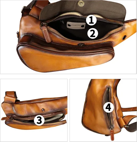 Vista 3 de Bolso de cuero genuino para mujeres y hombres, mochila de cuero retro para el pecho, bolso cruzado