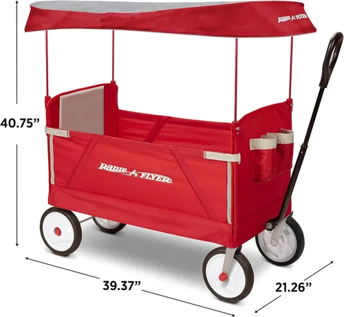 Vista 3 de Carrito plegable Radio Flyer para niños, carro rodante, cochecito de bebé, carrito de playa, carrito plegable 3 en 1 EZ con toldo, color rojo