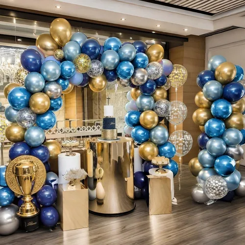 Vista 2 de Globos de color azul dorado y plateado, 50 unidades de 12 pulgadas, color azul marino metálico, azul marino, azul claro, plateado y dorado