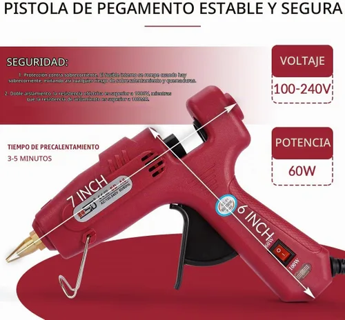 Vista 2 de Pistola de pegamento termofusible de doble calor, palos de 0.44 Rojo (60./100W)