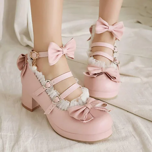 Vista 4 de SHEMEE Zapatos de vestir Kawaii Sweet Bow para mujer, con plataforma gruesa, tacones de bloque medio, hebilla y correa al tobillo, zapatos Mary Jane