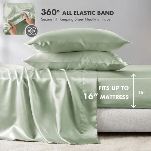Vista 115 de Madison Park Essentials - Juego de sábanas de satén de lujo y sedoso con brillo natural, bolsillo elástico de 14 pulgadas para colchones de hasta 16