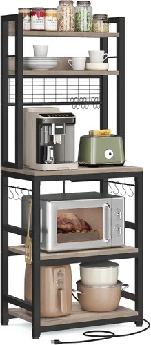 Vista 12 de VASAGLE Estante de panadería con toma de corriente, soporte para microondas, estante de almacenamiento alto de cocina, con panel de alambre