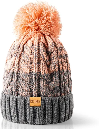 Vista 27 de Redess Gorro de invierno con pompón y forro polar cálido, grueso y holgado, tejido, para la nieve, para esquiar, para mujer Beige