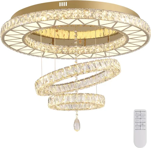 Vista 9 de Siljoy Candelabros de cristal dorado de 32 pulgadas, 3 anillos LED de montaje empotrado, lámparas de techo regulables para sala de estar, comedor