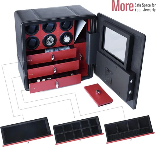 Vista 5 de Cheopz Caja de seguridad para 6 relojes automáticos y almacenamiento de múltiples joyas con cerradura de seguridad, Negro