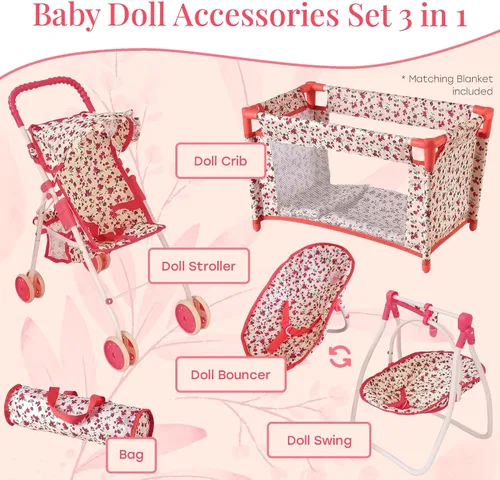 Vista 2 de Juego de Muebles de Cuna y Cochecito de Muñeca de Lujo, Juego de Accesorios Multi para Muñecas de 18", Incluye Cochecito de Muñeca, Columpio y Cama