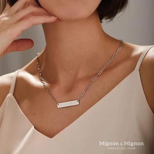 Vista 6 de MignonandMignon Custom Coordinate Necklace for Her Paper Clip Chain Personalized Gift Engraved Name Best Friend Birthday Nameplate Pendant -P-4N