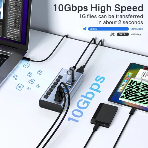 Vista 3 de Hub USB 3.2 alimentado, concentrador USB 3.2 de 7 puertos ACASIS con velocidad de datos de 10 Gbps, carcasa de aluminio, concentrador USB alimentado