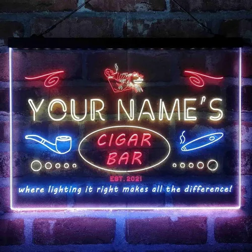 Vista 16 de Personalized Cigar Bar Lounge Tri-Color LED Neon Light Sign Customize Name Date Text Quote Font Green & Red & Yellow 13 x 8.7 Inches