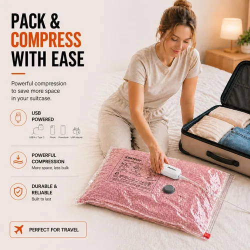 Vista 4 de IDEATECH Paquete de 15 bolsas de vacío de viaje con bomba USB, bolsas de sellado al vacío para ropa, bolsas de compresión para embalaje de maletas