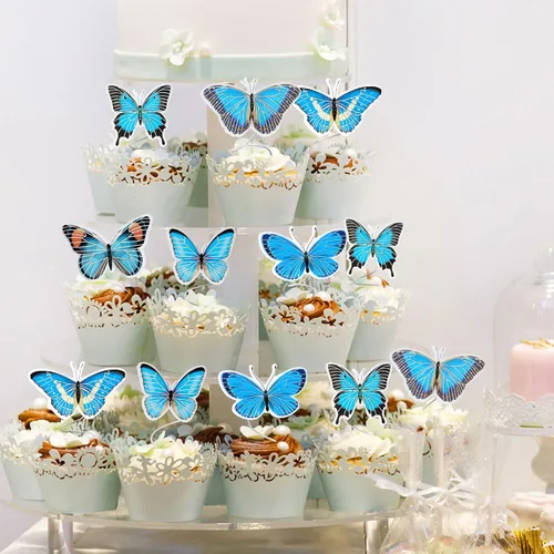 Vista 5 de Gyufise 36 adornos de mariposa para cupcakes, arte animado en 3D, decoración de cupcakes de mariposa, decoración de pastel de mariposa, baby shower