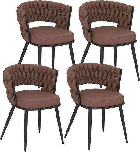 Vista 32 de Juego de 2 sillas de comedor tejidas, modernas sillas de comedor tejidas a mano con patas de metal negro, sillas tapizadas con marco negro