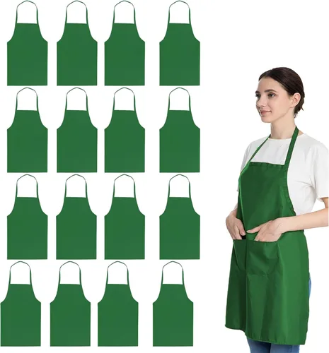 Vista 7 de Delantales azules a granel para mujeres y niñas con 2 bolsillos, delantales de cocina de restaurante de chef, delantales lisos, para artistas