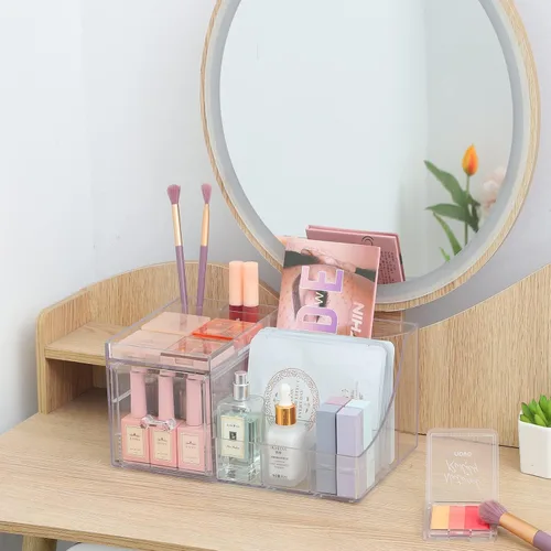 Vista 4 de Cq acrylic Paquete de 1 organizador de maquillaje transparente, apilable con 1 cajón, organizador de cuidado de la piel, lindo organizador
