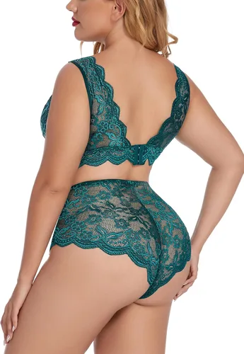 Vista 4 de Avidlove Conjunto de lencería de talla grande para mujer, sexy, con encaje halter, bralette de cintura alta