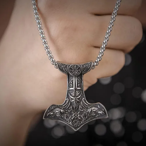 Vista 5 de Collar de martillo vikingo colgante nórdico de Mjolnir con cuervo amuleto pagano celta