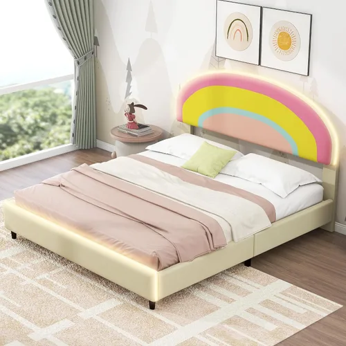 Vista 18 de Cama de plataforma tapizada de tamaño individual con cabecero en forma de oso y rayas de luz incrustadas, bonito marco de cama de plataforma