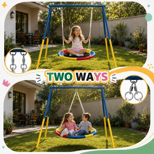 Vista 3 de DECORLIFE Columpio de platillo con soporte de marco en A resistente, juego de columpios para patio trasero, plataforma redonda de capacidad de 260