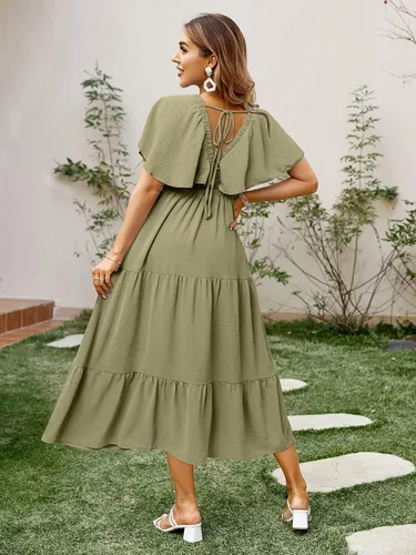 Vista 4 de Amegoya - Vestido largo casual de manga corta con cuello en V para mujer, diseño floral, estilo bohemio, para la playa, sesión de fotos, con volantes