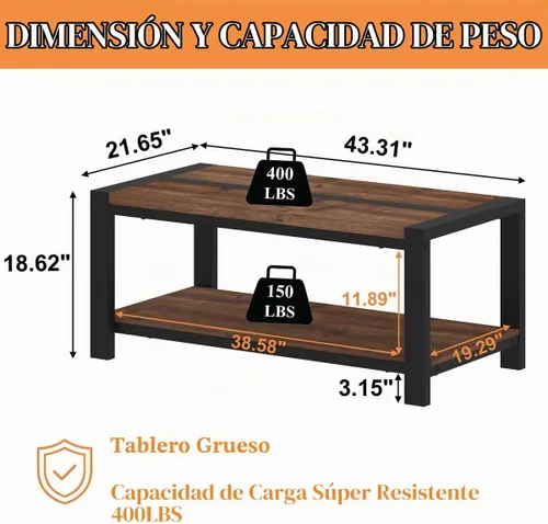 Vista 2 de BON AUGURE Mesa auxiliar para sala de estar, mesas industriales de madera y metal, mesa central rectangular de granja (roble rústico, 43 pulgadas)