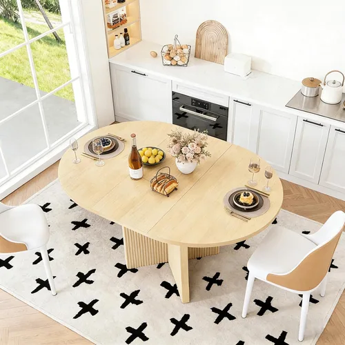 Vista 3 de Mesa de comedor extensible, redonda de 35.4 pulgadas a 47.2 pulgadas, mesa de comedor de madera ovalada con hoja de extensión, moderna mesa