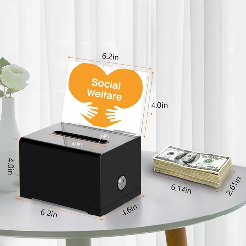 Vista 2 de KYODOLED Caja negra para donaciones para recaudación de fondos, caja de sugerencias con cerradura y llave, caja de rifas para boletos con soporte