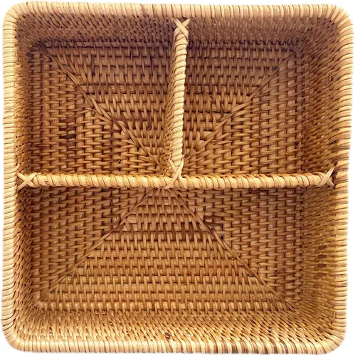 Vista 4 de i-lan Caja de almacenamiento tejida a mano de ratán con 3 compartimentos, 10.6 x 10.6 x 4 pulgadas, cesta dividida para servir botellas y utensilios